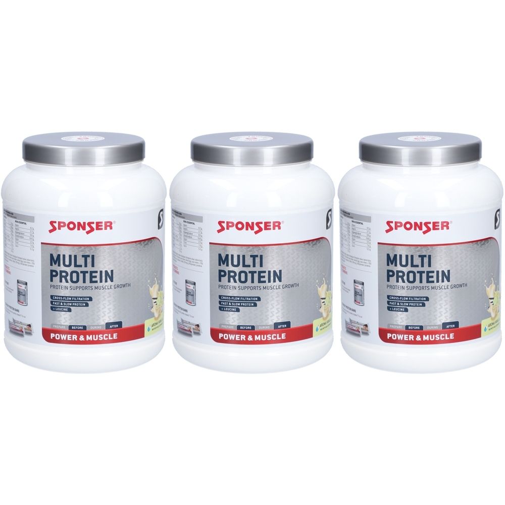 Drei weiße Behälter mit silbernen Deckeln. Aufschrift: SPONSER, MULTI PROTEIN, POWER & MUSCLE. Produkt für Muskelaufbau.