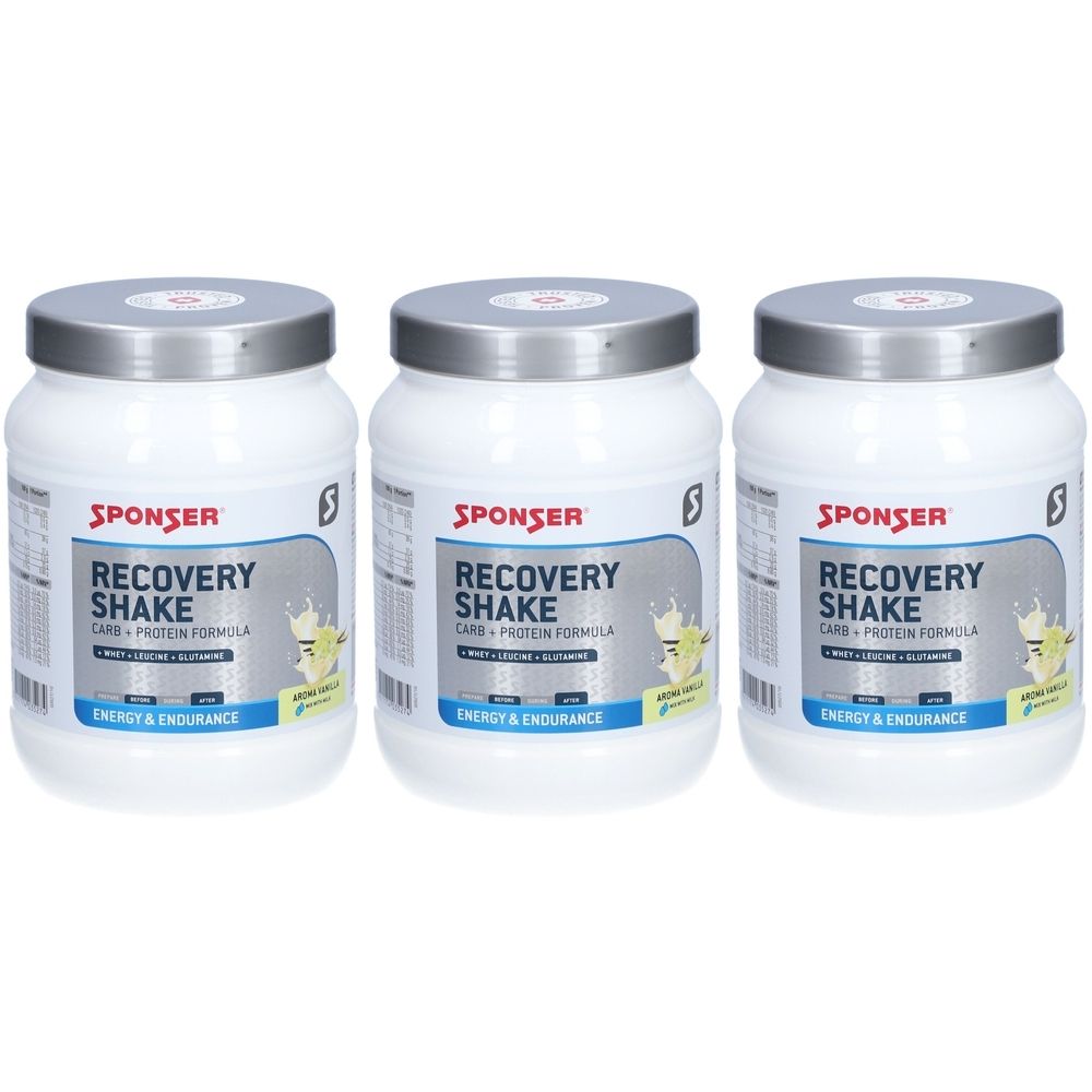 Drei weiße Dosen mit silbernen Deckeln. Auf jeder Dose steht "SPONSER RECOVERY SHAKE". Blaue und graue Schrift.