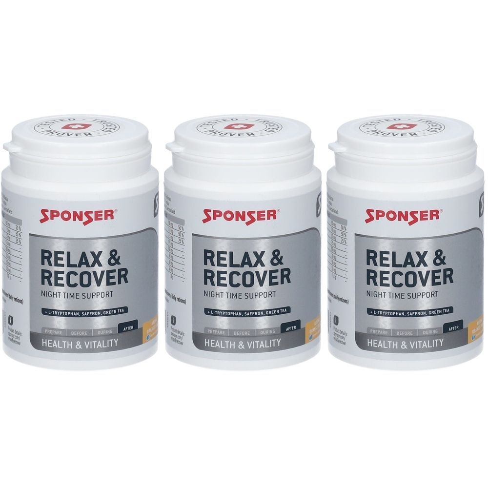Drei weiße Dosen mit dem Aufdruck SPONSER, RELAX & RECOVER, NIGHT TIME SUPPORT. Aufschrift HEALTH & VITALITY. Deckel mit rotem Kreuz.