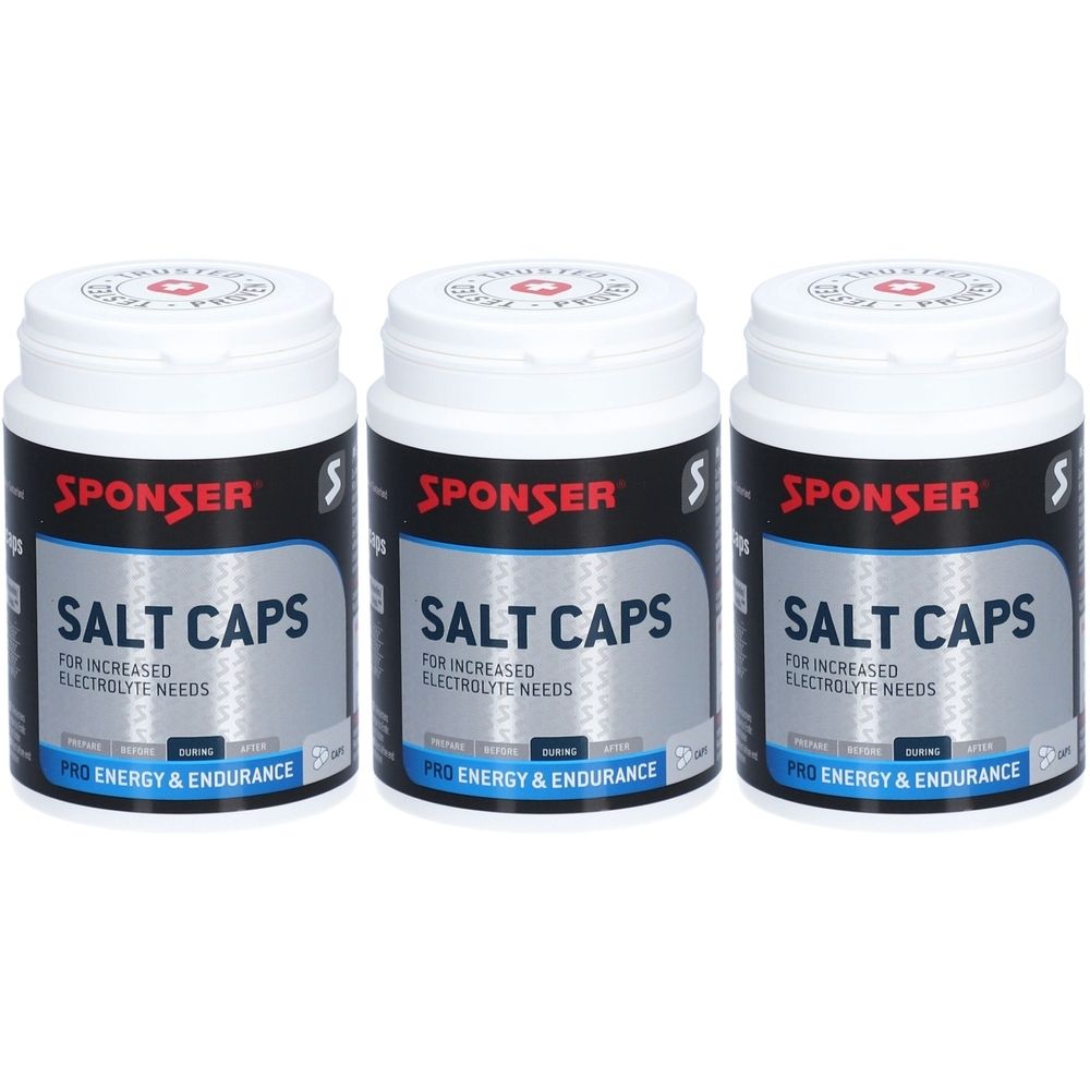 Drei weiße Dosen mit schwarzem und rotem Etikett. Aufschrift: SPONSER SALT CAPS. Für erhöhten Elektrolytbedarf. Pro Energy & Endurance.