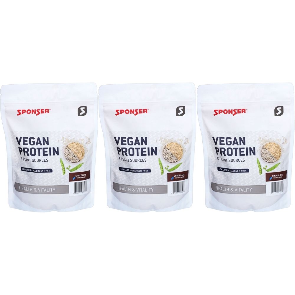 Drei Beutel SPONSER Vegan Protein. Weiße Beutel mit Aufdruck. Aufschrift: Vegan Protein, 5 Plant Sources, glutenfrei, Health & Vitality.