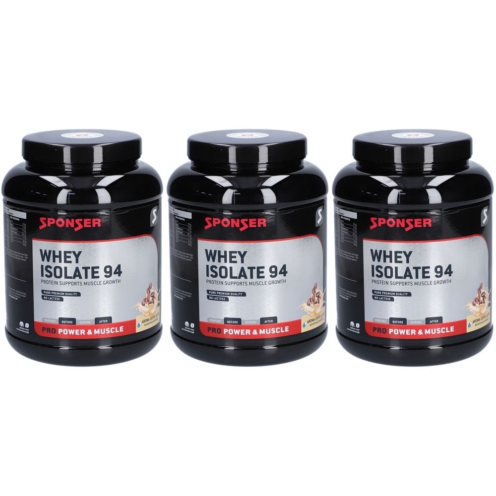 Drei schwarze Behälter mit Deckel. Auf der Vorderseite steht "SPONSER WHEY ISOLATE 94".