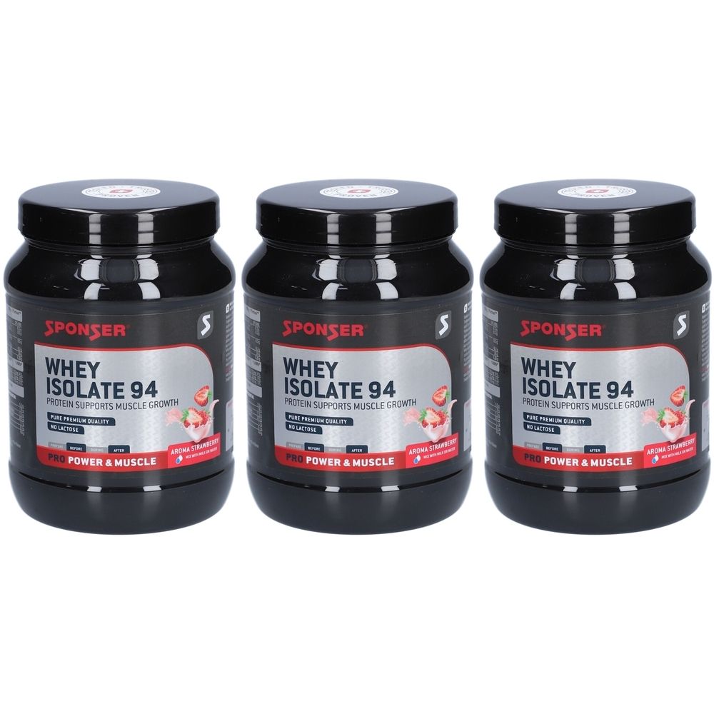 Drei schwarze Dosen mit dem Aufdruck "SPONSER WHEY ISOLATE 94". Aufschrift: Protein unterstützt Muskelwachstum. Roter Aufkleber.