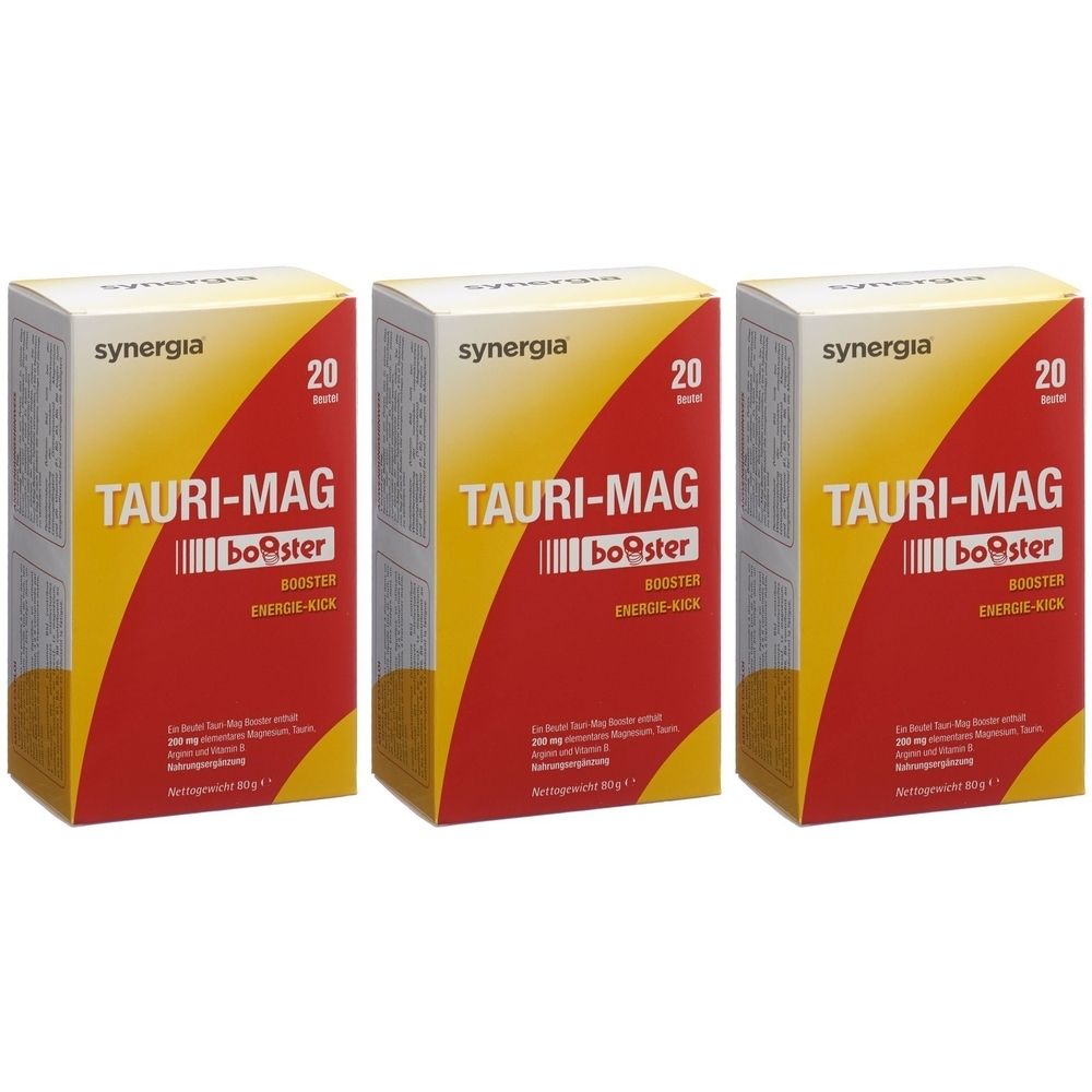 Drei Schachteln SYNERGIA Tauri-mag Booster. Gelb-rotes Design mit Produktnamen und "20" auf der Vorderseite.