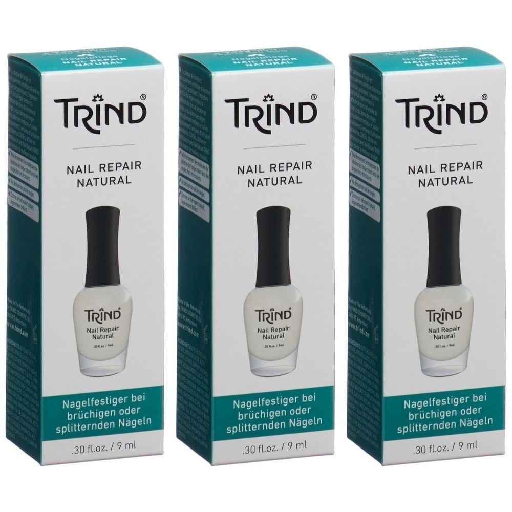 Drei Schachteln mit Nagellackflaschen. Auf jeder Schachtel steht TRIND, Nail Repair Natural. Darunter steht Nagelfestiger.