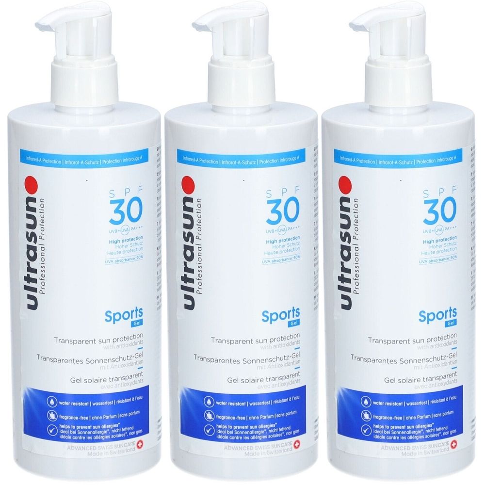 Trois flacons blancs avec pompe. Inscription: Ultrasun Professional Protection, SPF 30, Sports, Gel solaire transparent.