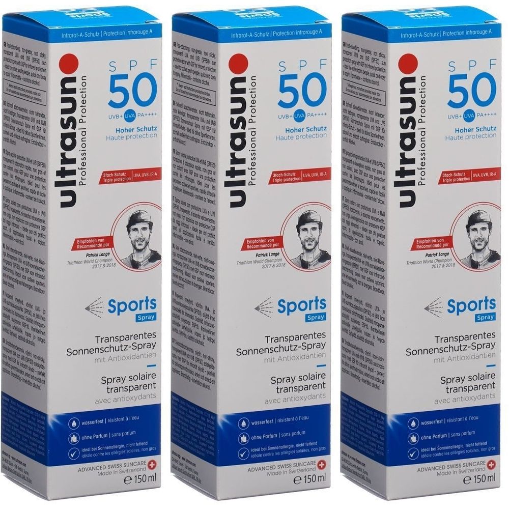 Drie dozen ULTRASUN Sport-Spray SPF 50. Witte verpakking met blauwe en rode tekst. Bevat transparante zonnebrandspray.