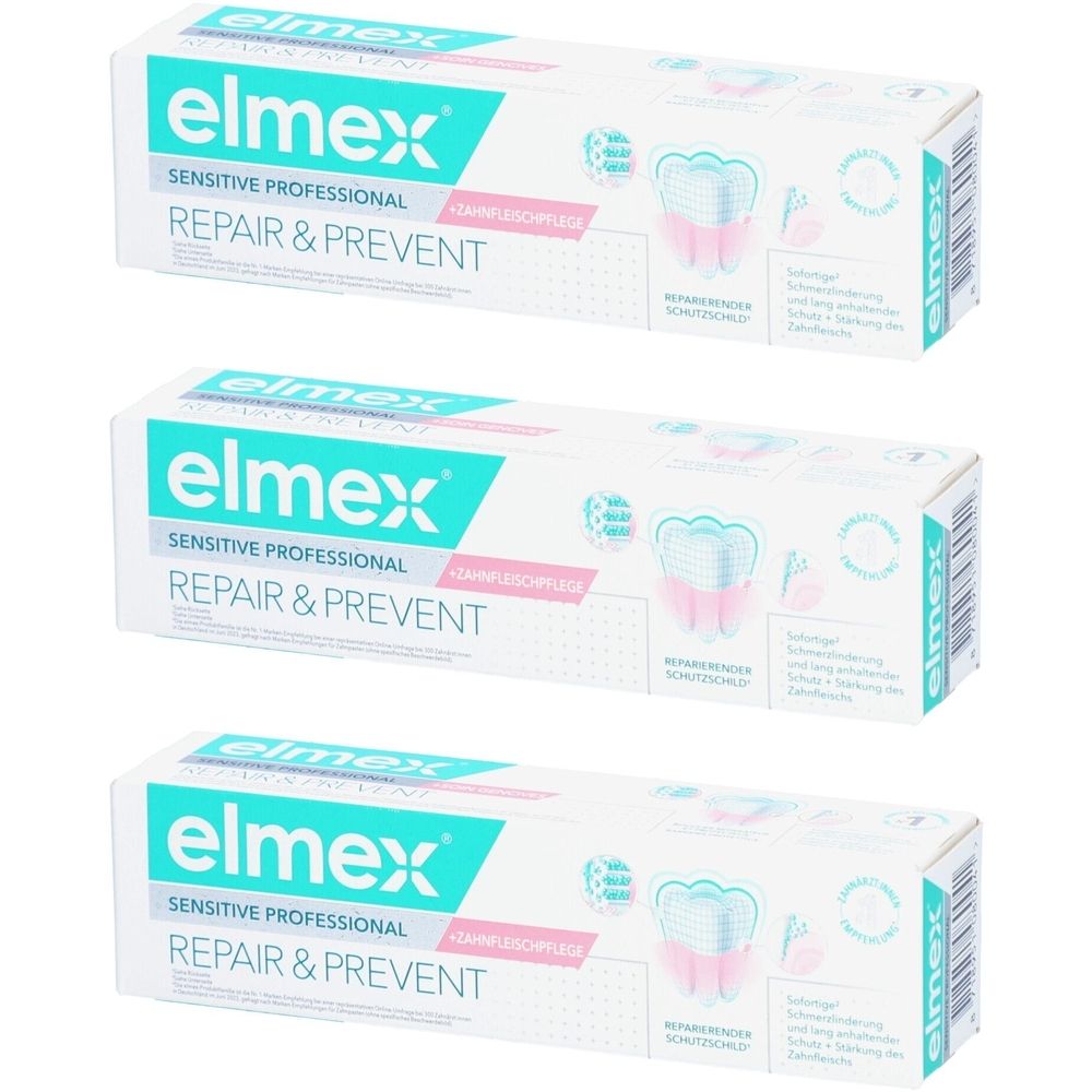 Trois boîtes de dentifrice. Inscription: elmex Sensitive Professional Repair & Prevent. Design turquoise et blanc avec illustration de dents.
