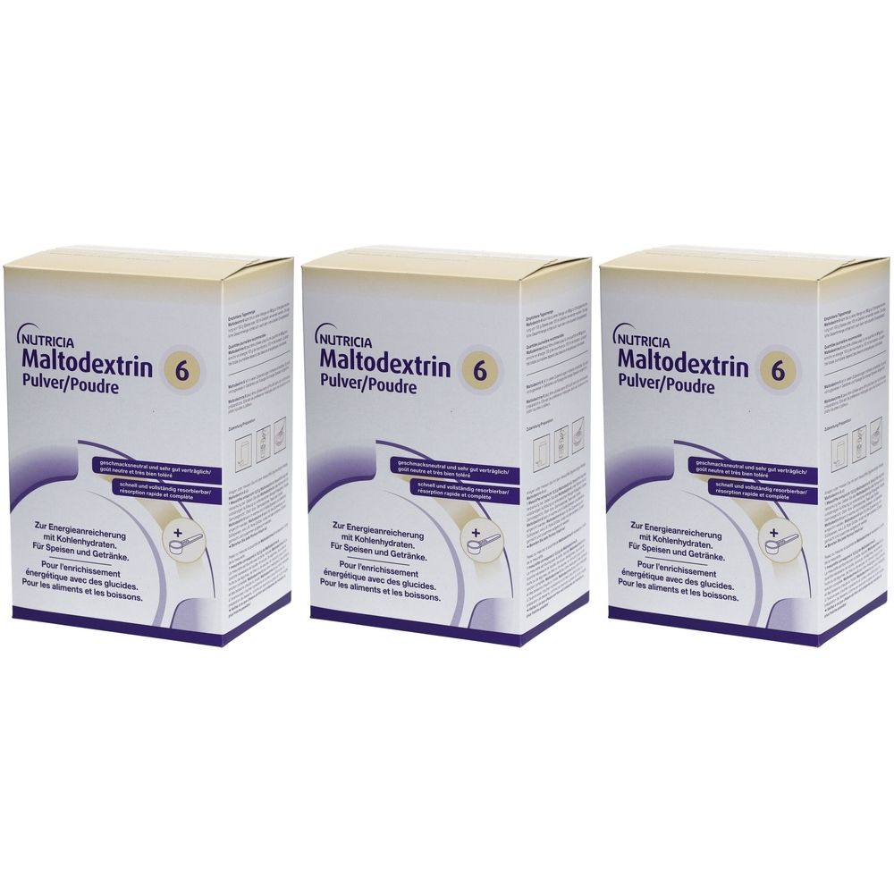 Drei Kartons NUTRICIA Maltodextrin 6 Pulver. Weiße Verpackung mit lila Akzenten und Produktbezeichnung.