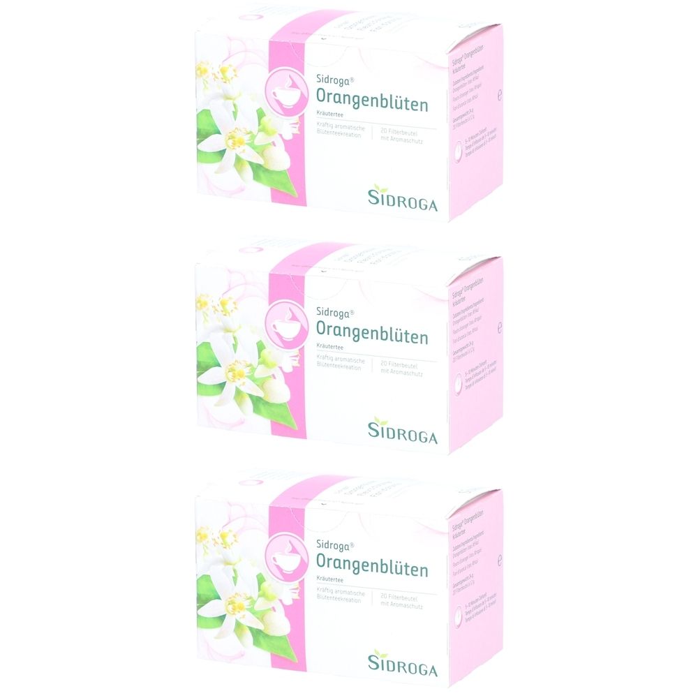 Drei Schachteln SIDROGA Orangenblüten. Weiße Schachteln mit rosa Akzenten und floralem Design. Text: SIDROGA, Orangenblüten.