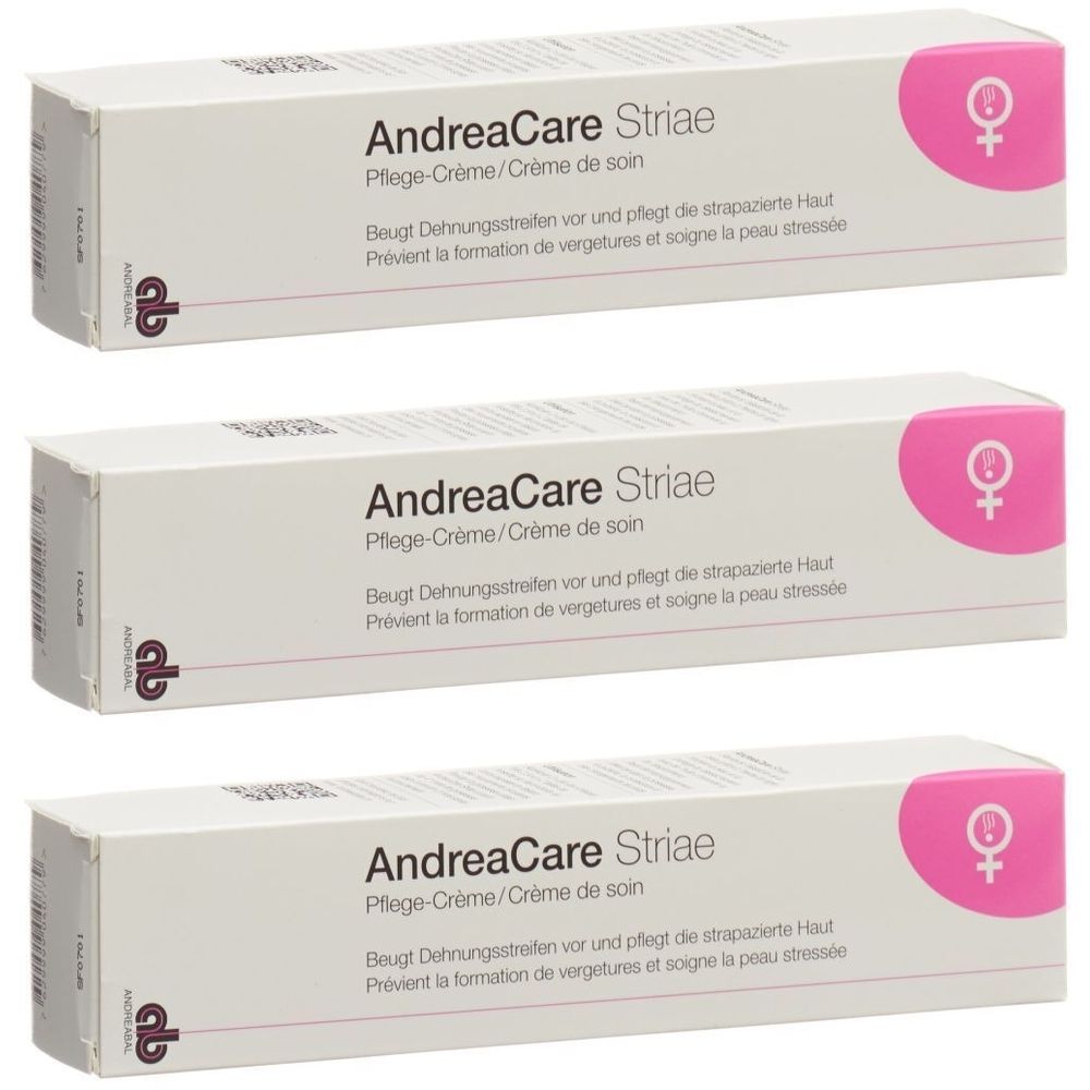 Drei weiße Faltschachteln mit Produktaufdruck. Aufschrift: AndreaCare Striae, Pflege-Crème. Rosa Logo mit Frauensymbol.
