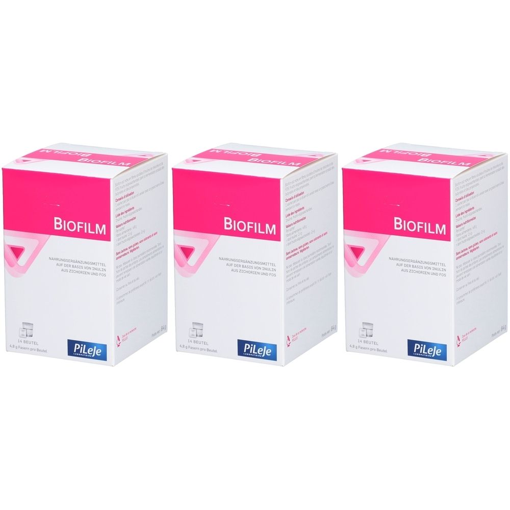 Trois boîtes blanches avec un couvercle rose. "BIOFILM" et "PiLeJe" sont visibles sur chacune.