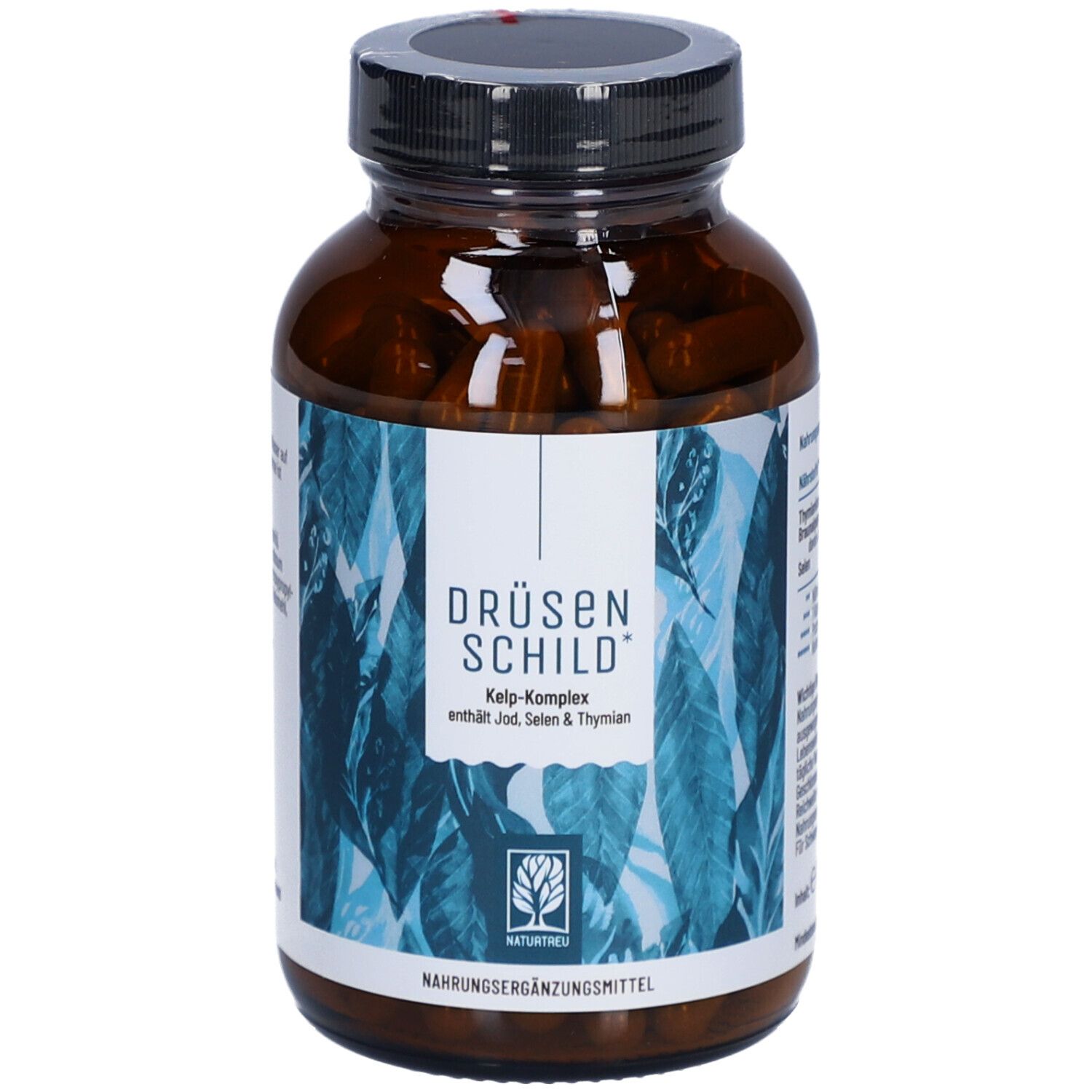 Braune Glasflasche mit Kapseln. Etikett mit Produktnamen und Logo. Nahrungsergänzungsmittel.