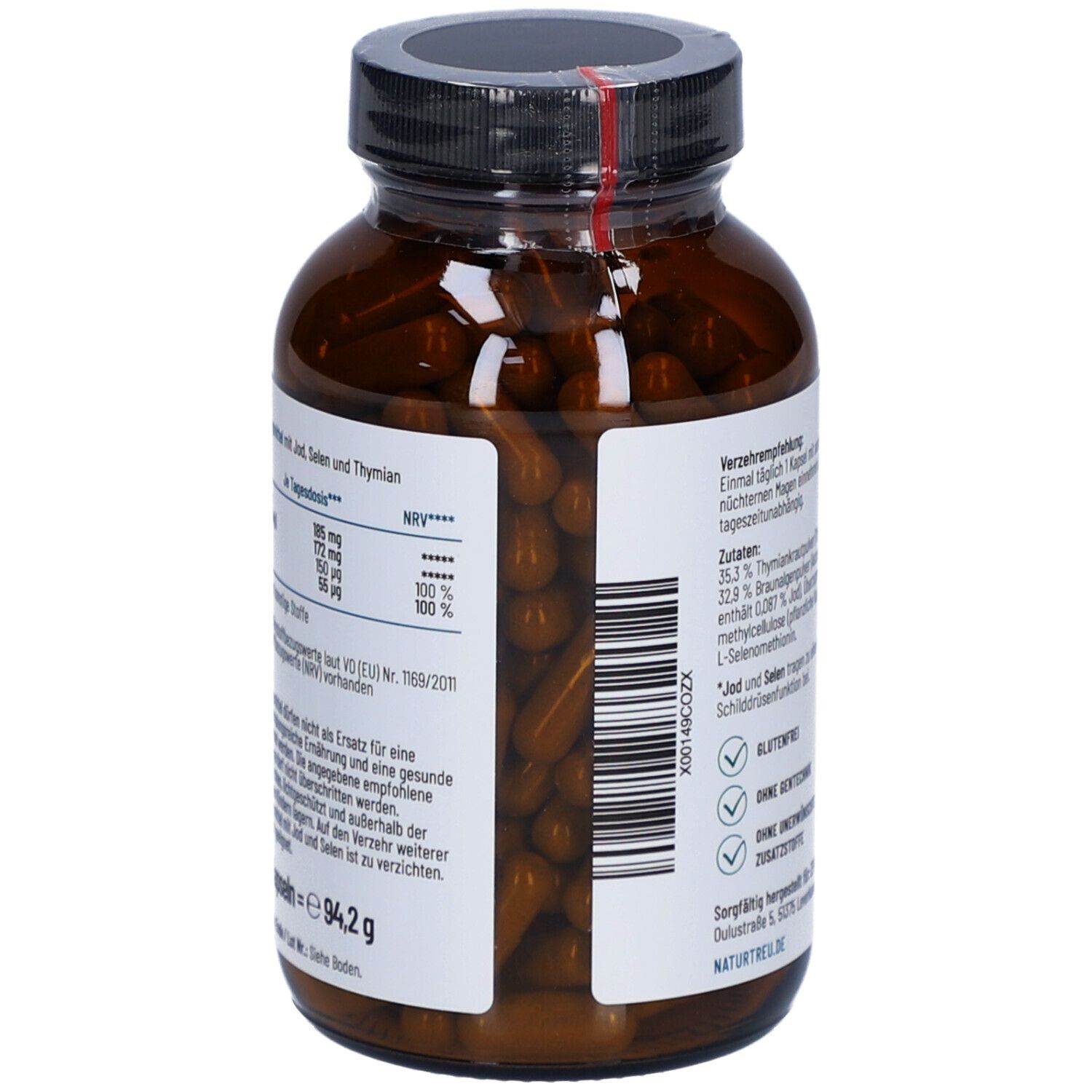 Rückseite der Flasche mit Nährwertangaben. Enthält Jod, Selen und Thymian. Kapseln sichtbar.