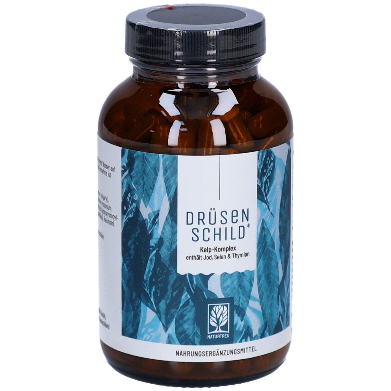 Braune Flasche mit Kapseln. Etikett mit Produktnamen und Logo. Nahrungsergänzungsmittel.