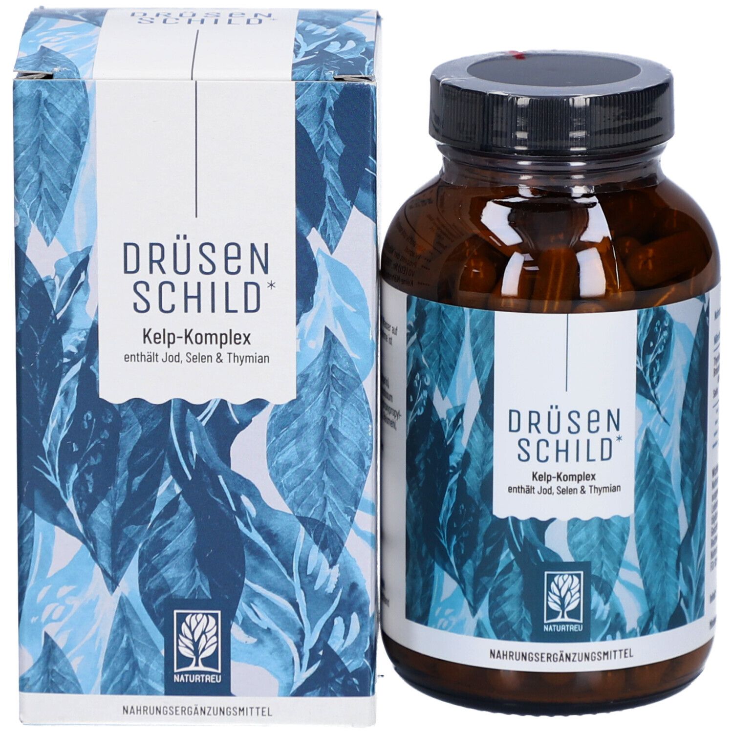Produktflasche und Verpackung. Flasche mit Kapseln, Verpackung mit Produktnamen und Logo.