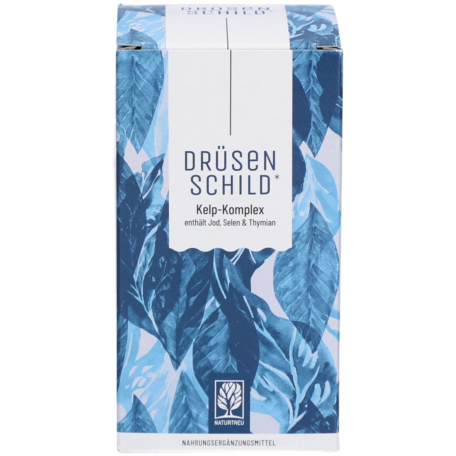 Produktverpackung. Weißer Karton mit Produktnamen, Logo und floralem Muster.