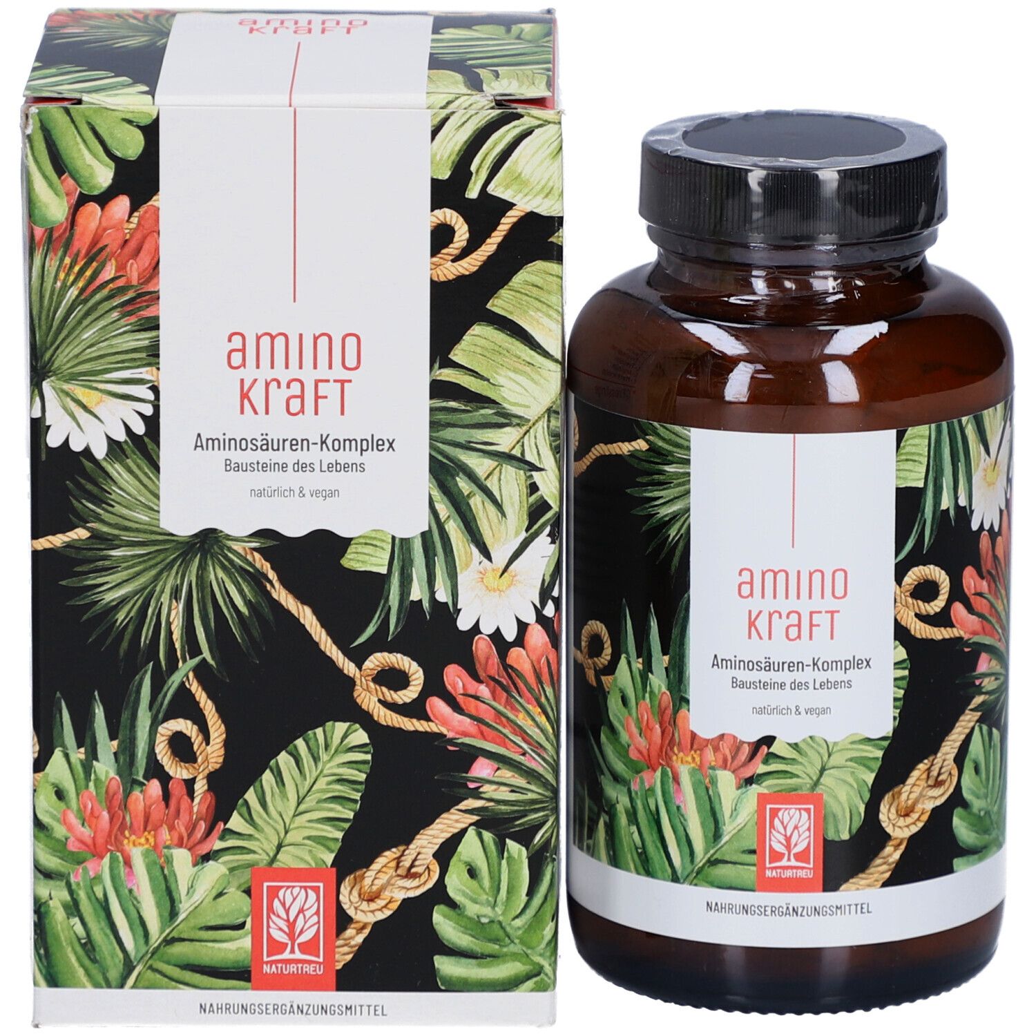 Produktverpackung mit Flasche. Flasche mit floralem Etikett. Karton mit gleichem Design und Text: amino kraft.
