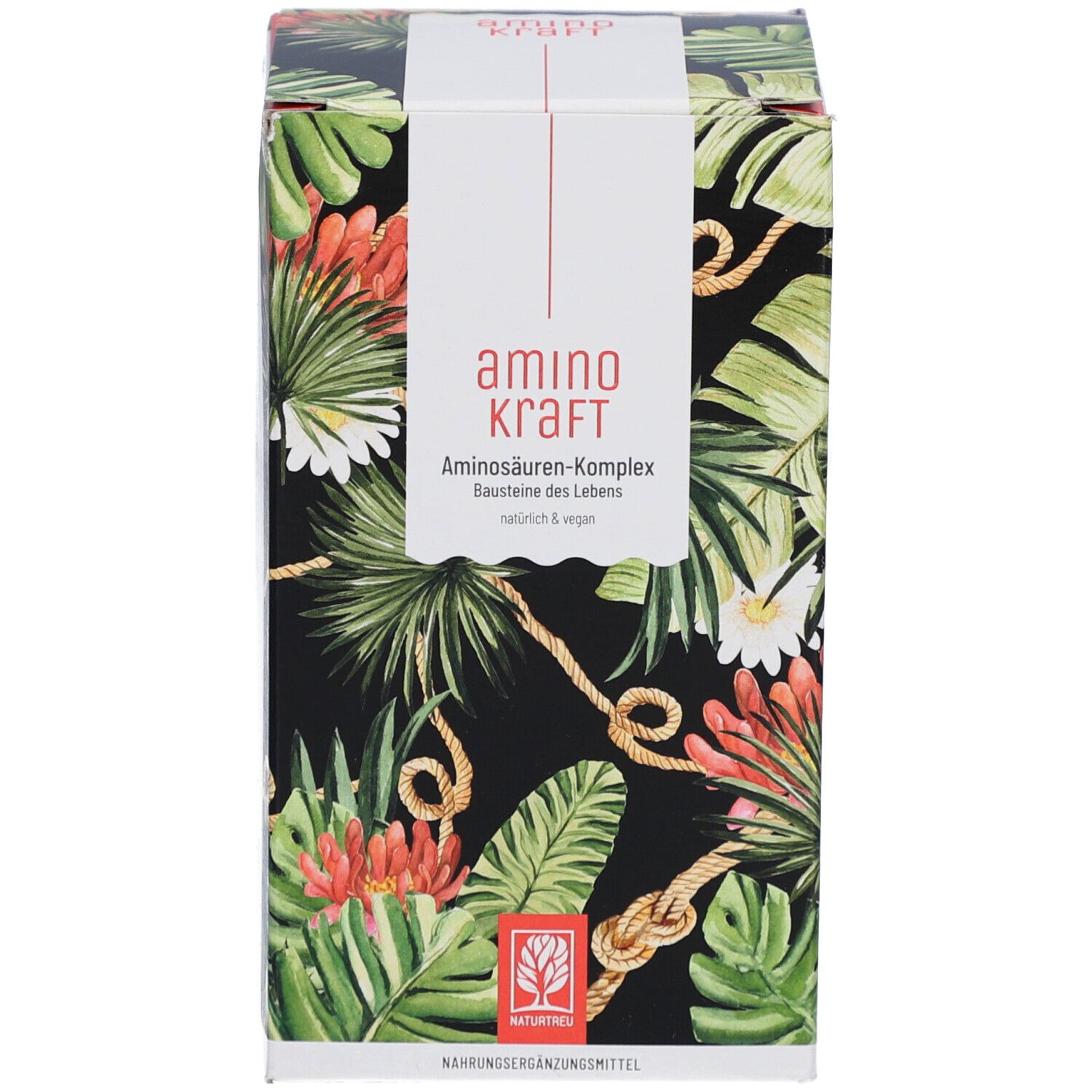 Produktverpackung. Karton mit floralem Muster und Text: amino kraft, Aminosäuren-Komplex, Bausteine des Lebens.