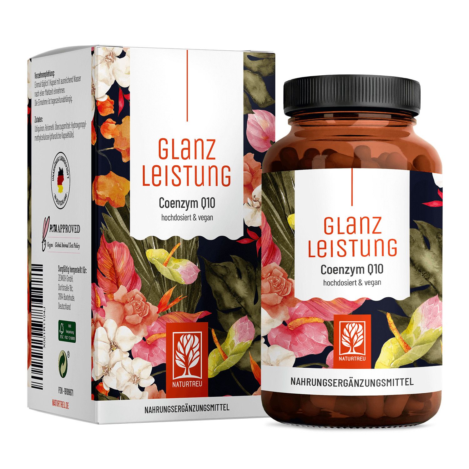 Braune Glasflasche mit Kapseln und Karton. Aufschrift: Glanz Leistung, Coenzym Q10. Vegan.