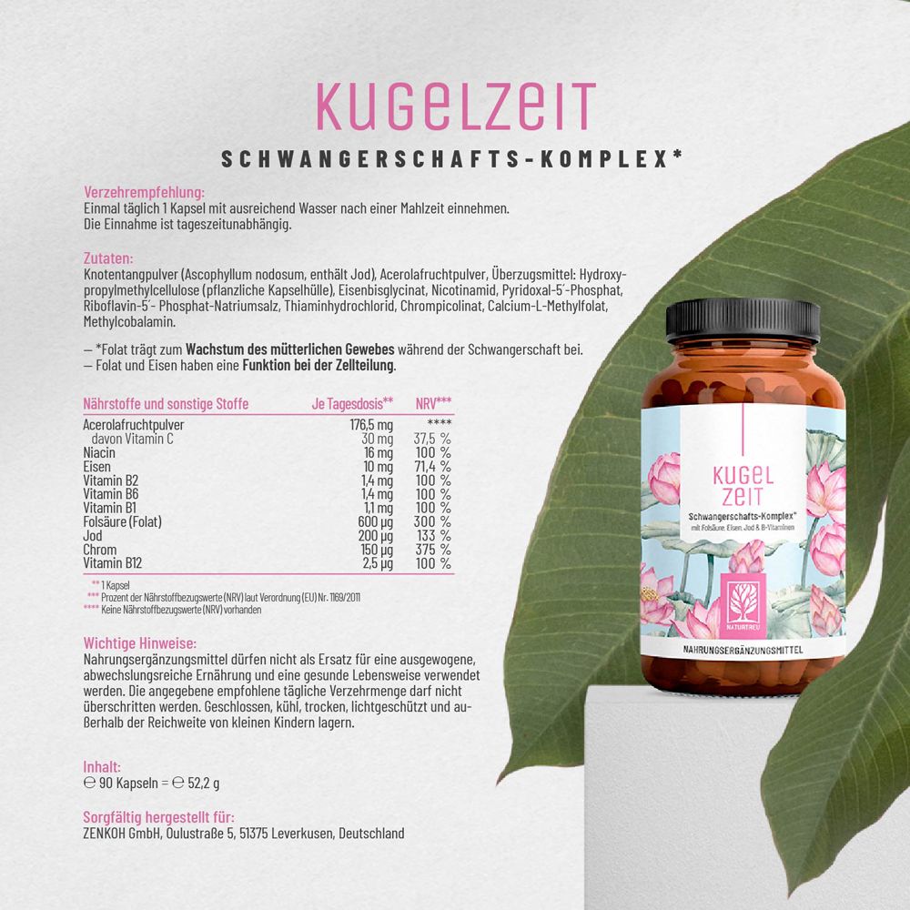 Braune Flasche mit Produktetikett. Nährwerttabelle. Kugelzeit Schwangerschafts-Komplex. 90 Kapseln.