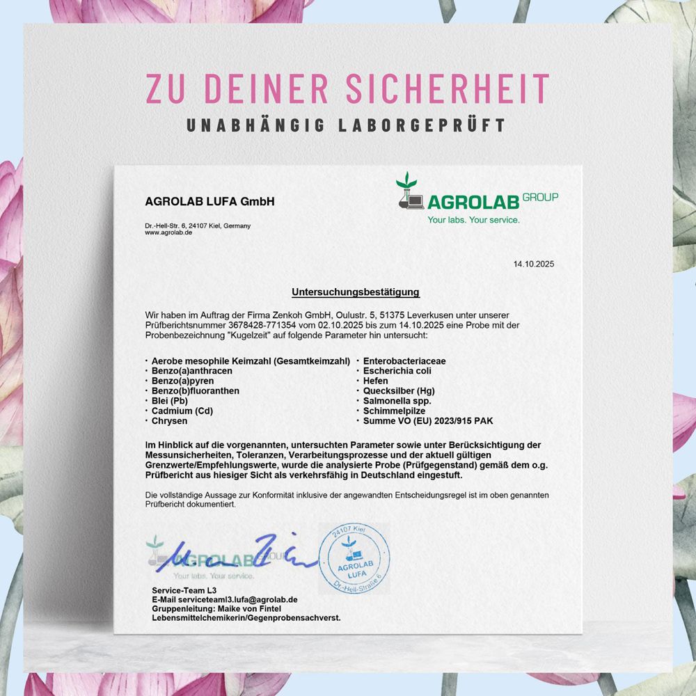 Zertifikat von Agrolab LUFA GmbH. Unabhängig laborgeprüft. Parameter: Keimzahl, Schwermetalle, etc.