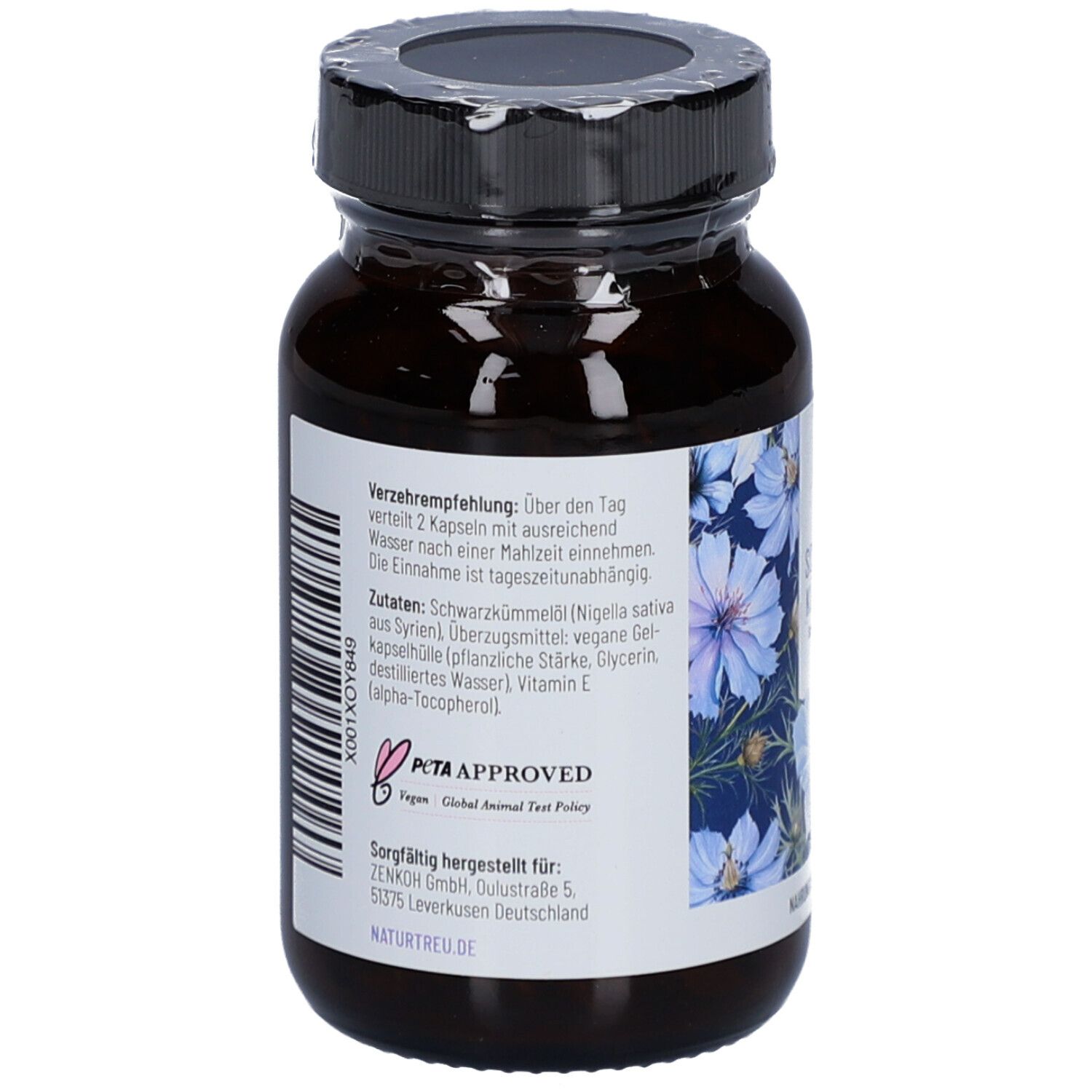 Rückseite einer braunen Glasflasche mit schwarzem Deckel. Etikett mit Inhaltsstoffen, Verzehrempfehlung und PETA-Siegel. Vegan.