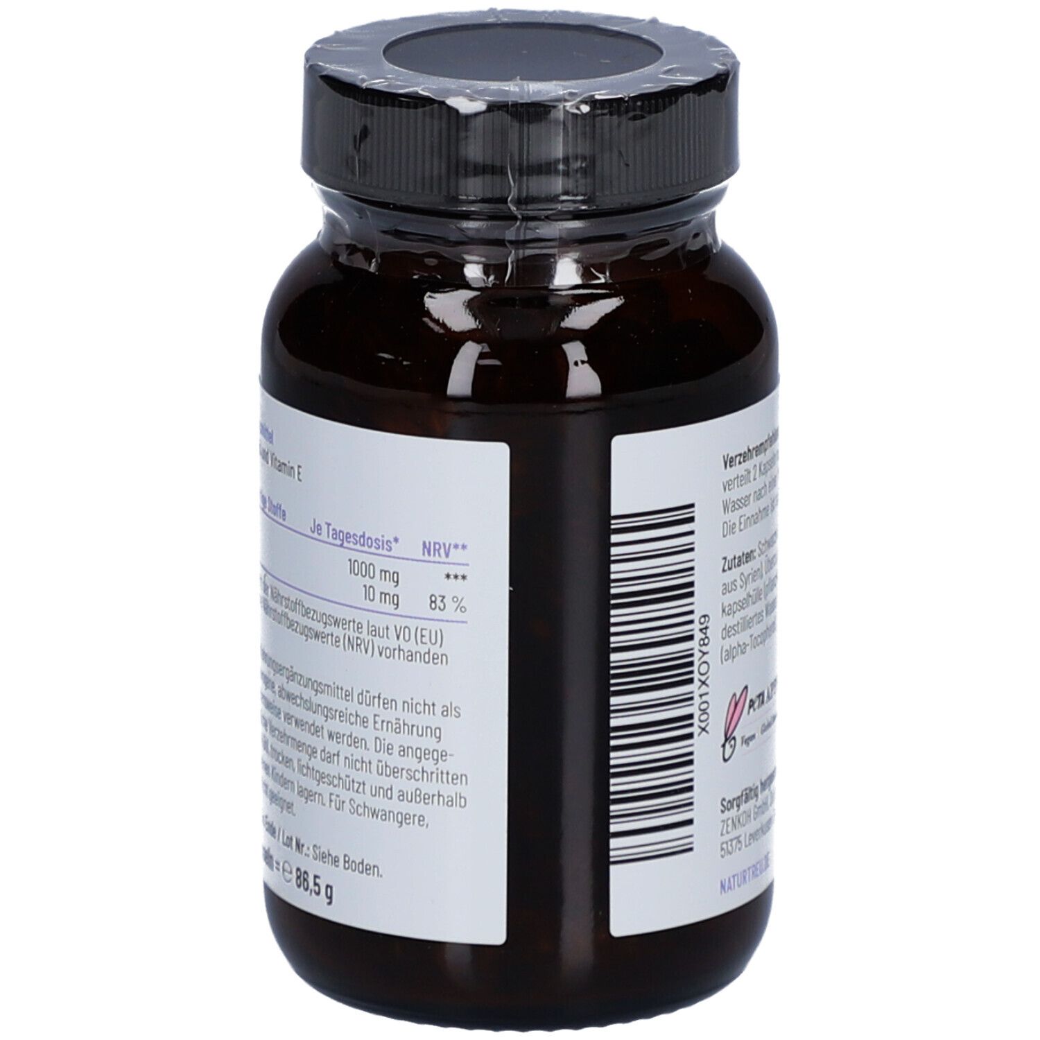 Braune Glasflasche mit schwarzem Deckel. Etikett mit Nährwertangaben. Enthält 1000 mg Schwarzkümmelöl und 10 mg Vitamin E.