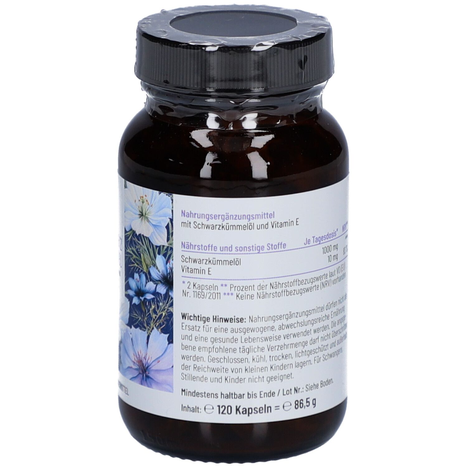 Braune Glasflasche mit schwarzem Deckel. Etikett mit Nährwertangaben und Inhaltsangabe: 120 Kapseln. Enthält Schwarzkümmelöl und Vitamin E.
