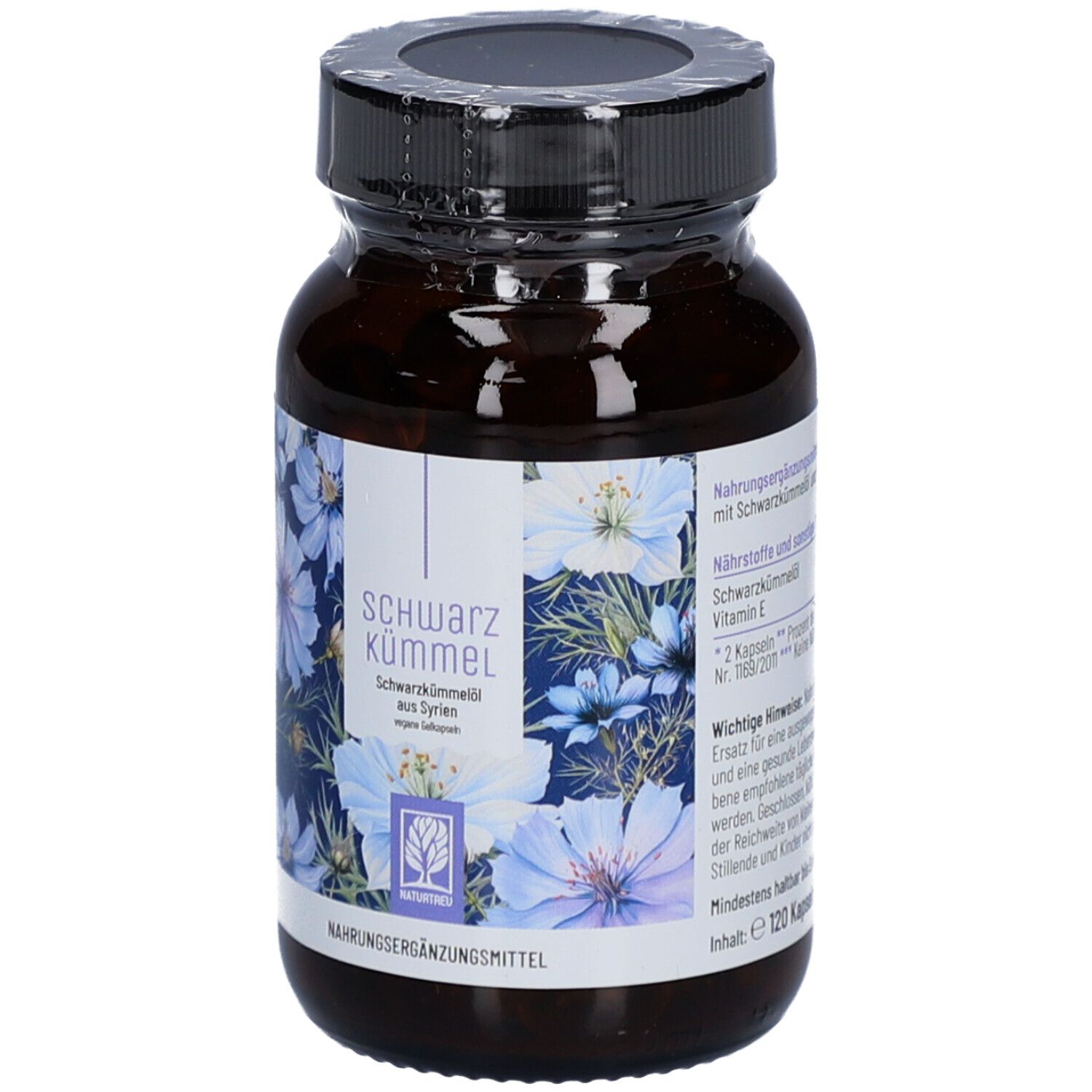 Braune Glasflasche mit schwarzem Deckel. Etikett mit Produktbezeichnung: Schwarzkümmel. Nahrungsergänzungsmittel. Floralmuster.