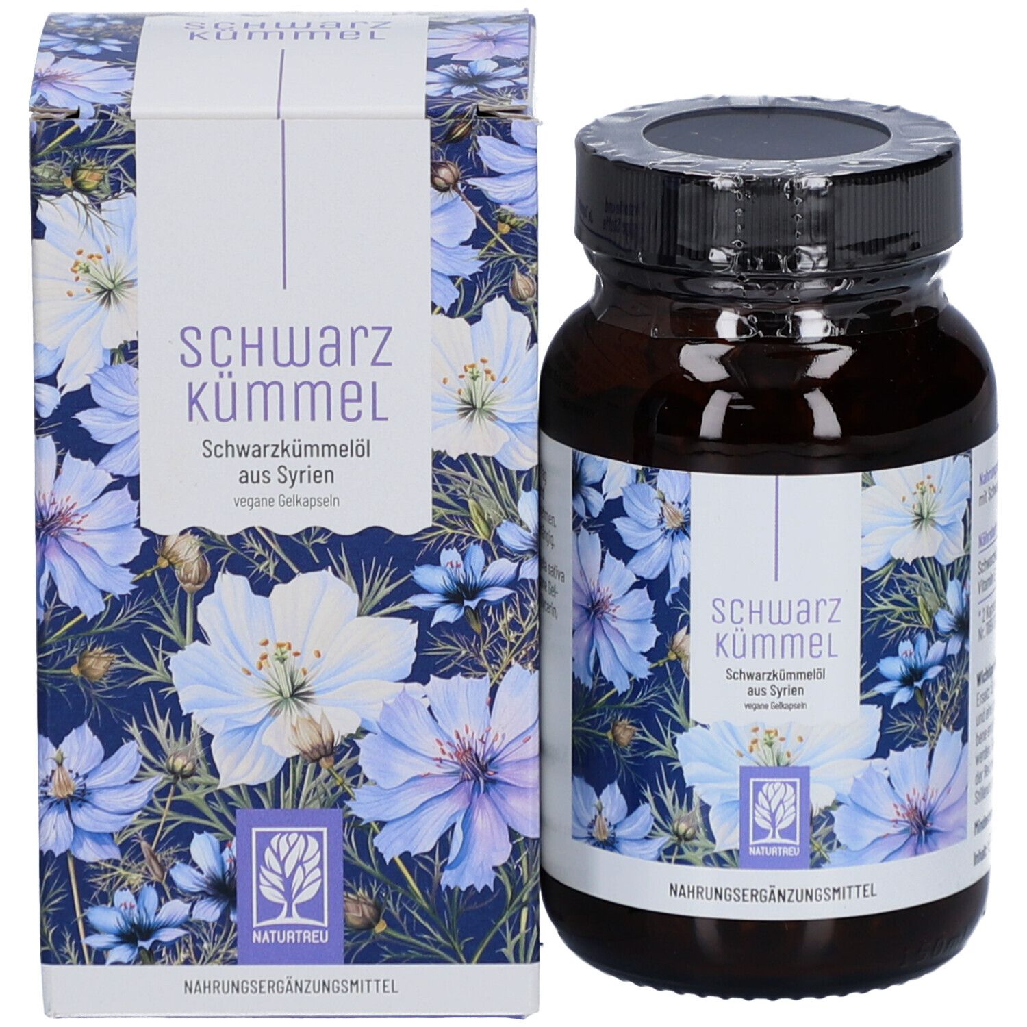 Produktverpackung mit brauner Glasflasche und Karton. Beide mit floralem Muster und Produktbezeichnung: Schwarzkümmel. Nahrungsergänzungsmittel.