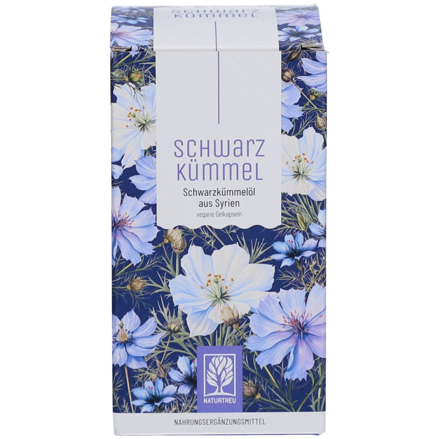 Kartonverpackung mit floralem Muster und Produktbezeichnung: Schwarzkümmel. Nahrungsergänzungsmittel. Logo.