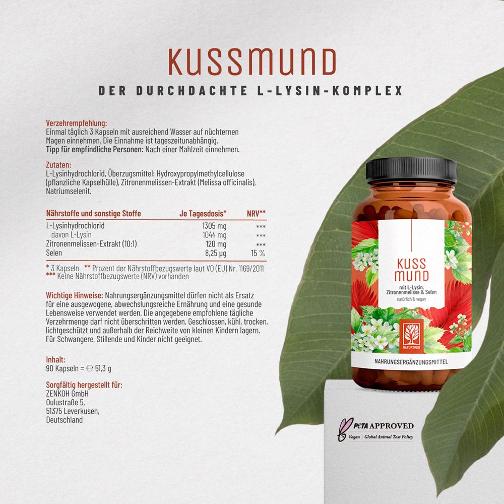 Produktflasche mit Text: Kussmund, L-Lysin, Zitronenmelisse & Selen. PETA-Logo. Text: 90 Kapseln.