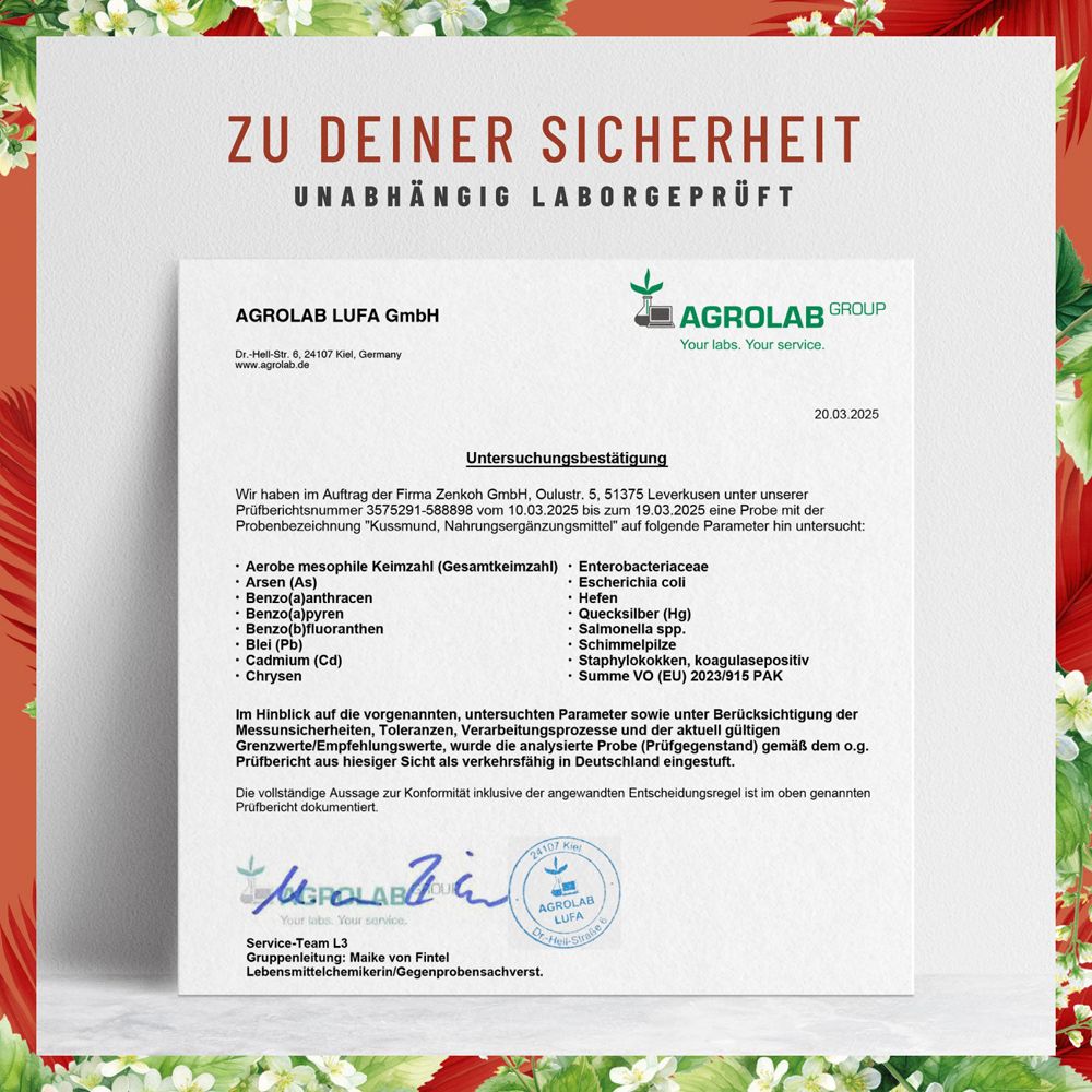 Zertifikat der Agrolab LUFA GmbH. Text: Untersuchungsergebnis. Unterschriften.