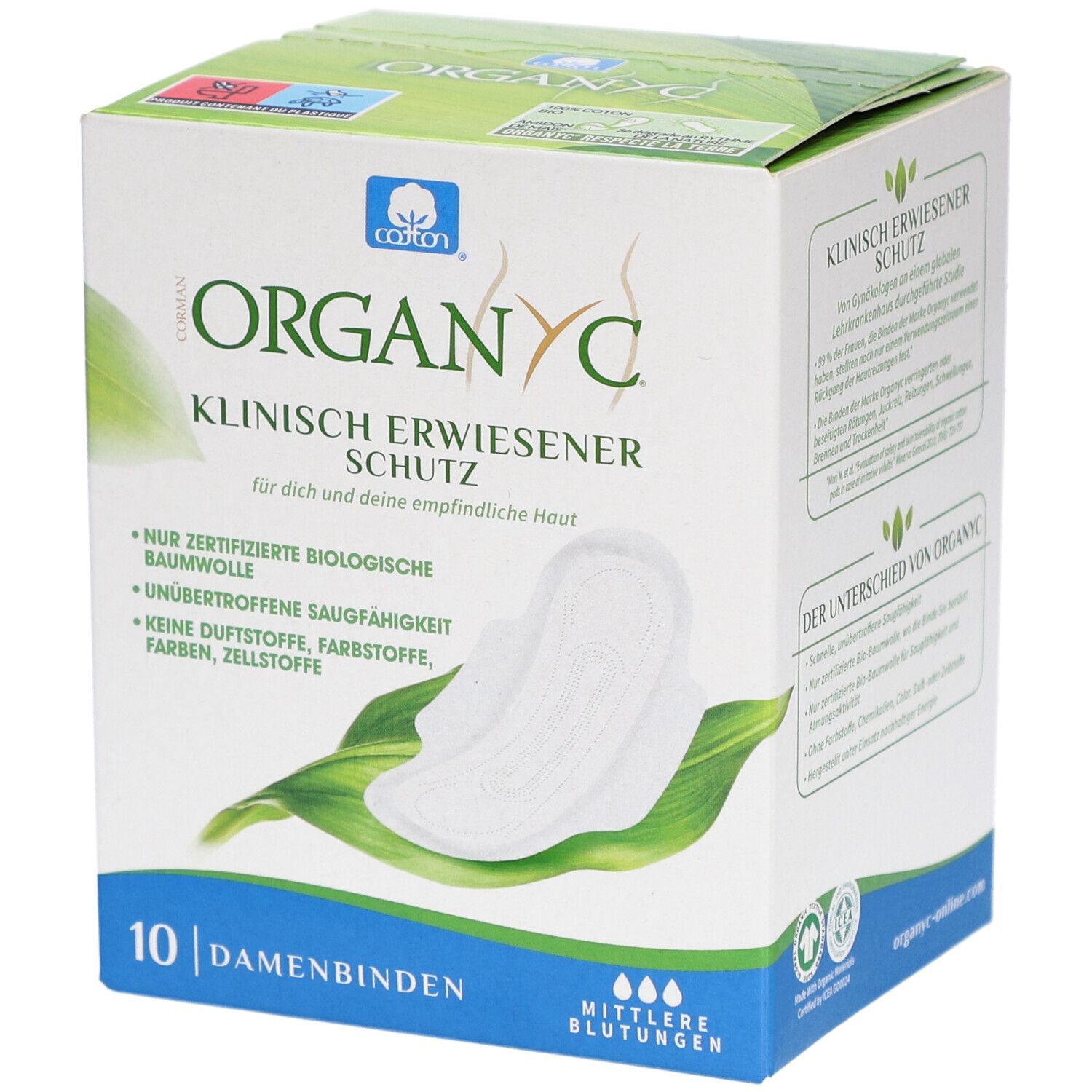 Organyc Damenbinden, Packung mit 10 Stück. Klinisch erwiesener Schutz. Zertifizierte Bio-Baumwolle. Für mittlere Blutungen.