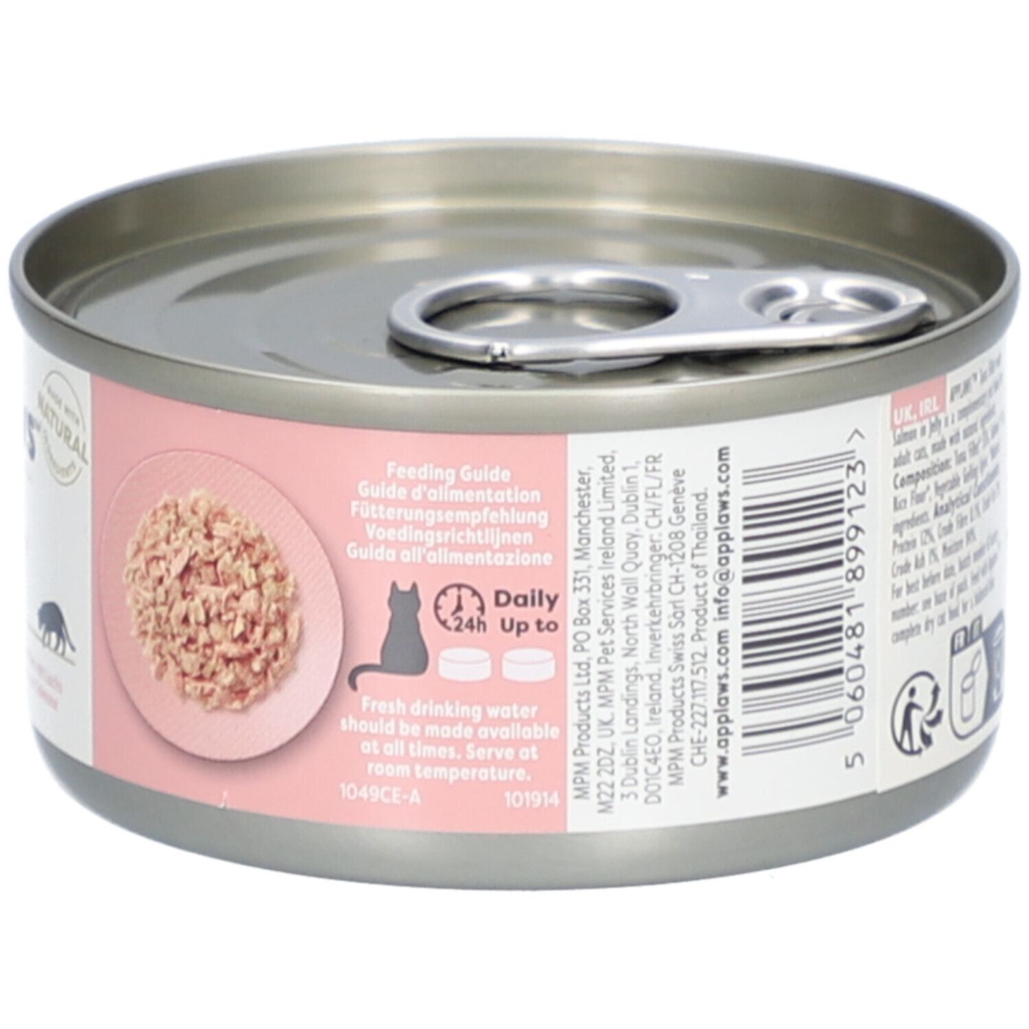 Dose mit rosa Etikett. Applaws, Thunfischfilet mit Lachs in Gelee. 70g. Futterempfehlung. Mit natürl. Zutaten.