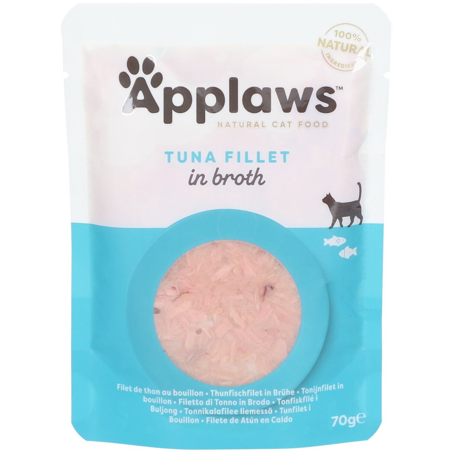 Beutel mit Applaws Thunfischfilet in Brühe. Sichtbares Produkt in einem blauen Kreis. 100% natürlich. 70g.