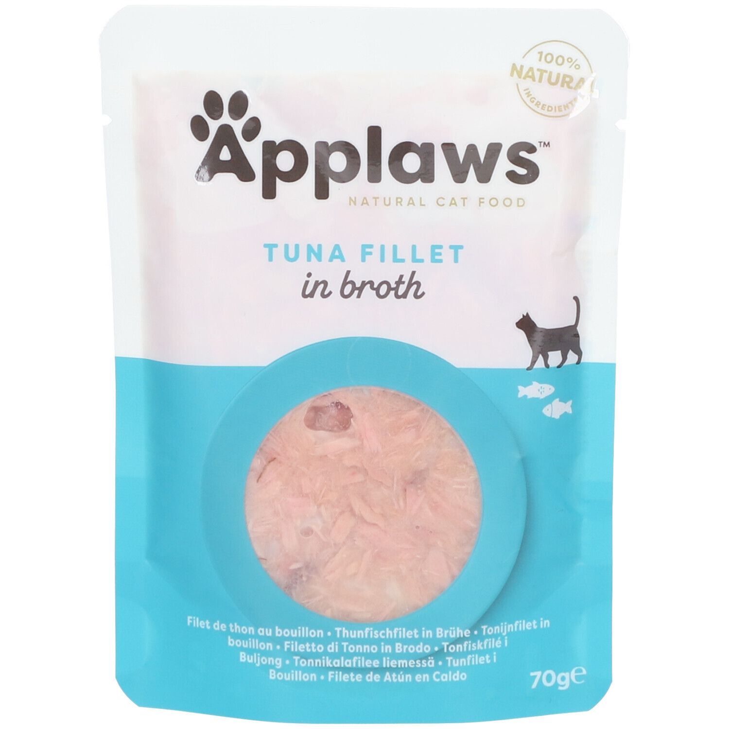 Beutel mit Applaws Thunfischfilet in Brühe. Sichtbares Produkt in einem blauen Kreis. 100% natürlich. 70g.