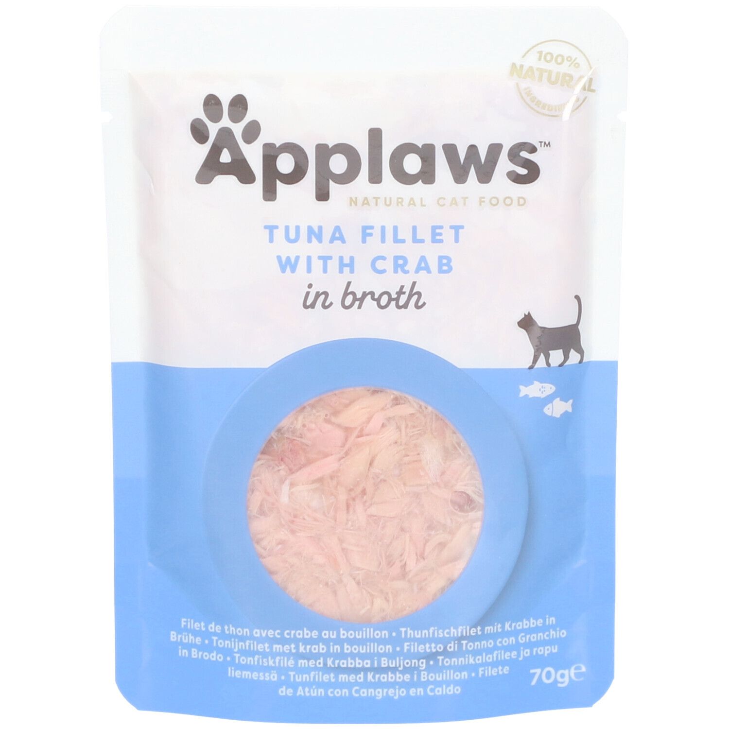 Beutel mit Applaws Thunfischfilet mit Krabbe in Brühe. Sichtbares Produkt in blau-weiß Verpackung.