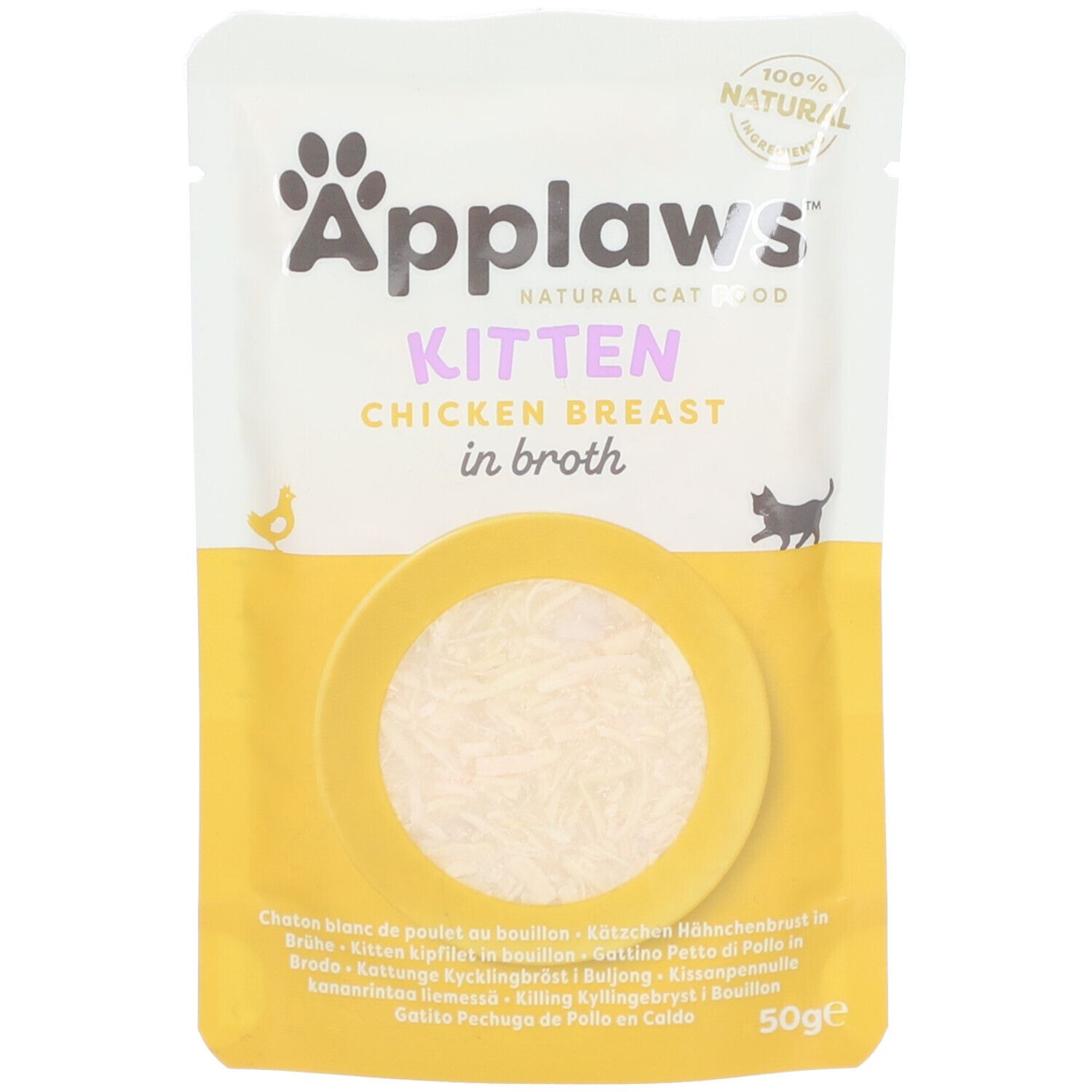 Beutel mit Applaws Kitten Hühnerbrust in Brühe. Sichtbar: Produktname, Text, 100% natürlich, 50g.