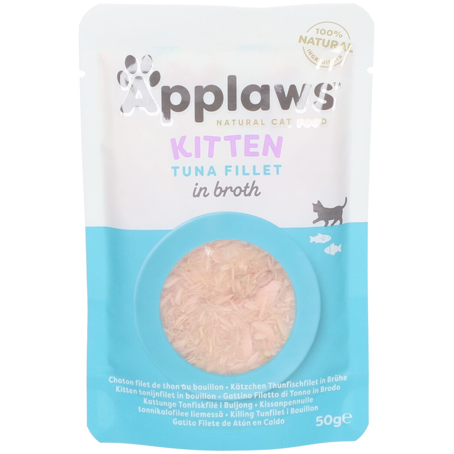 Beutel mit Applaws Kitten Thunfischfilet in Brühe. Sichtbares Produkt durch kreisförmiges Fenster. 50g.