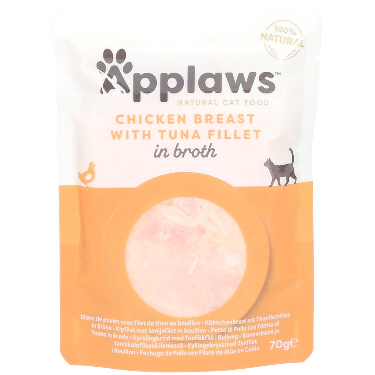 Verpackung Applaws, Hühnerbrust mit Thunfischfilet in Brühe. Sichtbar: Produktname, Logo, Produktbild, 100% natürlich.