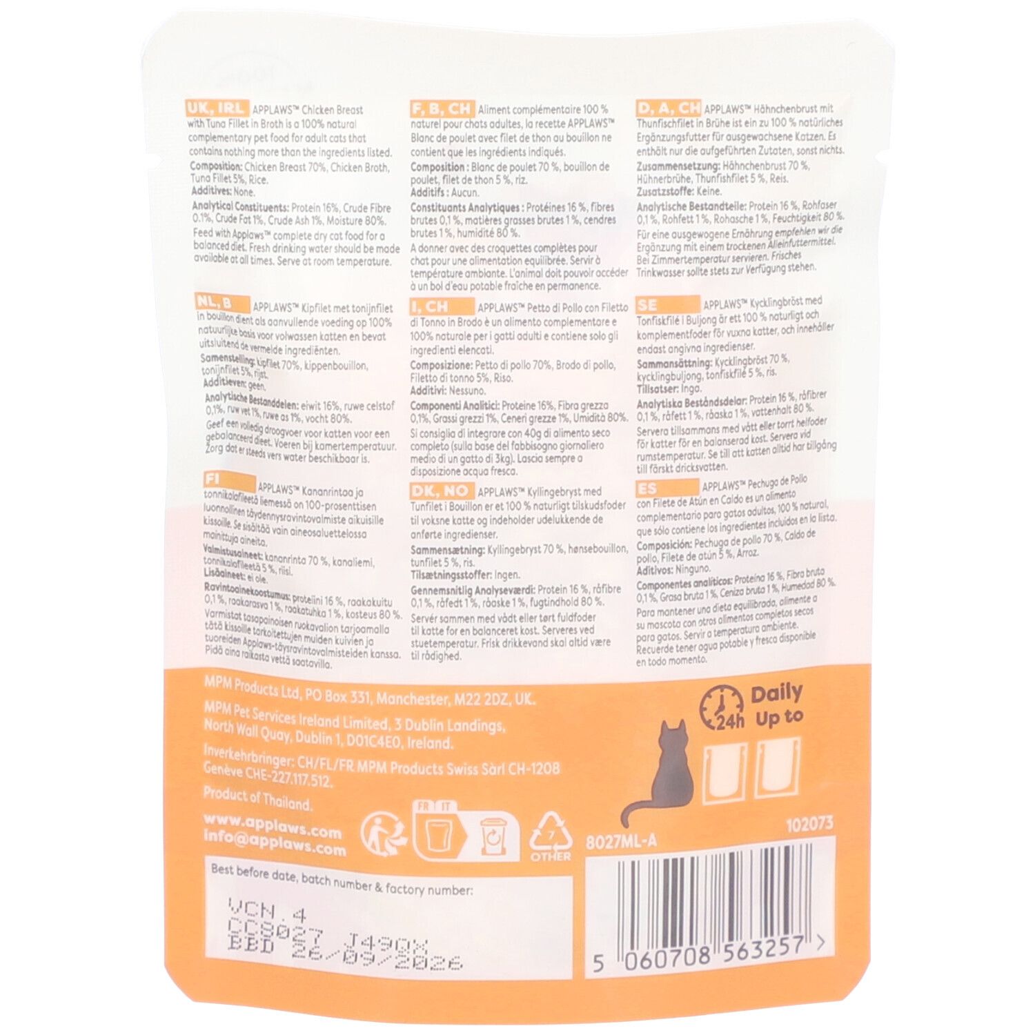 Rückseite der Applaws-Verpackung. Text in mehreren Sprachen. Logo, Katze-Symbol, Barcode, Haltbarkeitsdatum.