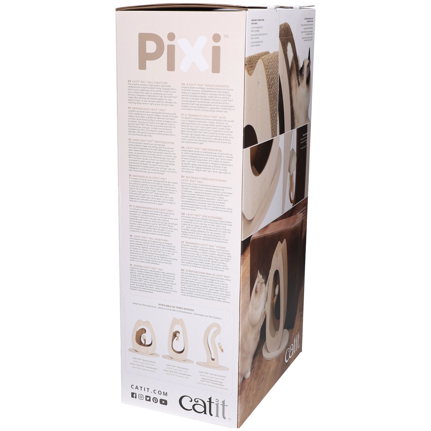 Kartonverpackung mit Kratzmöbel. Rückseite mit Text und Produktabbildungen.