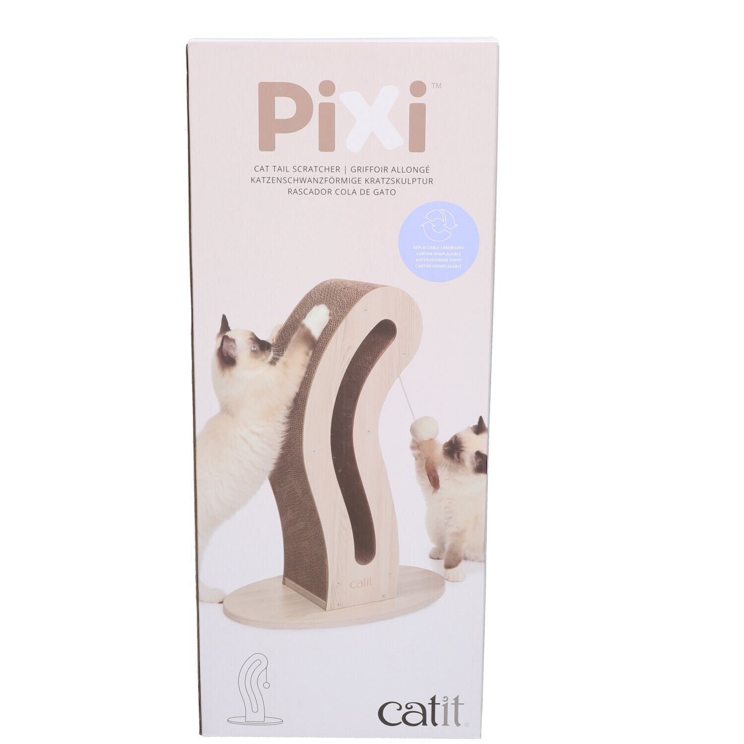 Verpackung mit Kratzbaum in Form einer Katzenrute. Produktname: Pixi. Marke: Catit. Zwei Katzen spielen mit dem Kratzbaum.