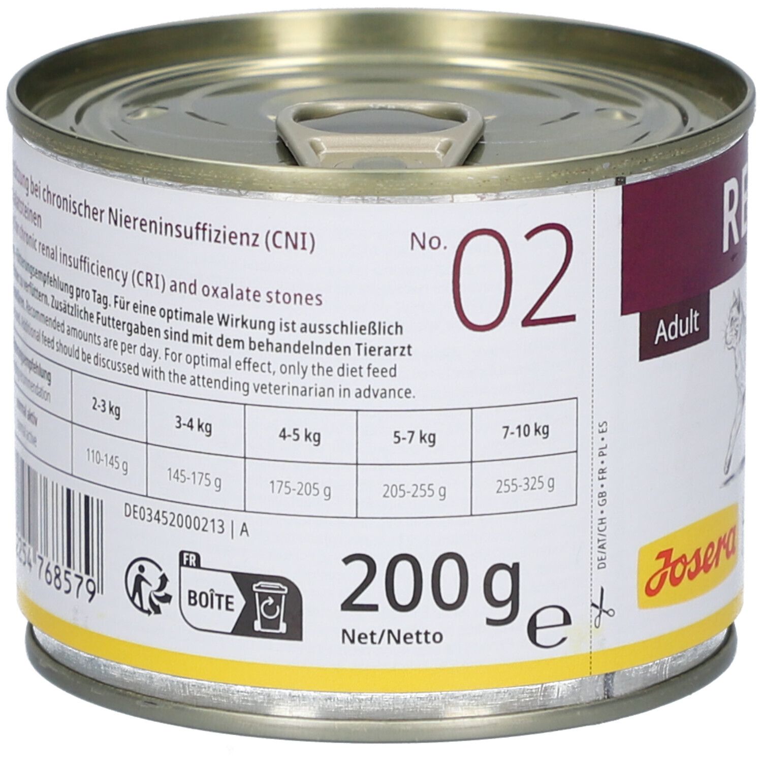 Josera Help Renal Katze Nassfutter, Dose. Aufdruck: Renal, 200g, Nr. 02, Fütterungsempfehlung.