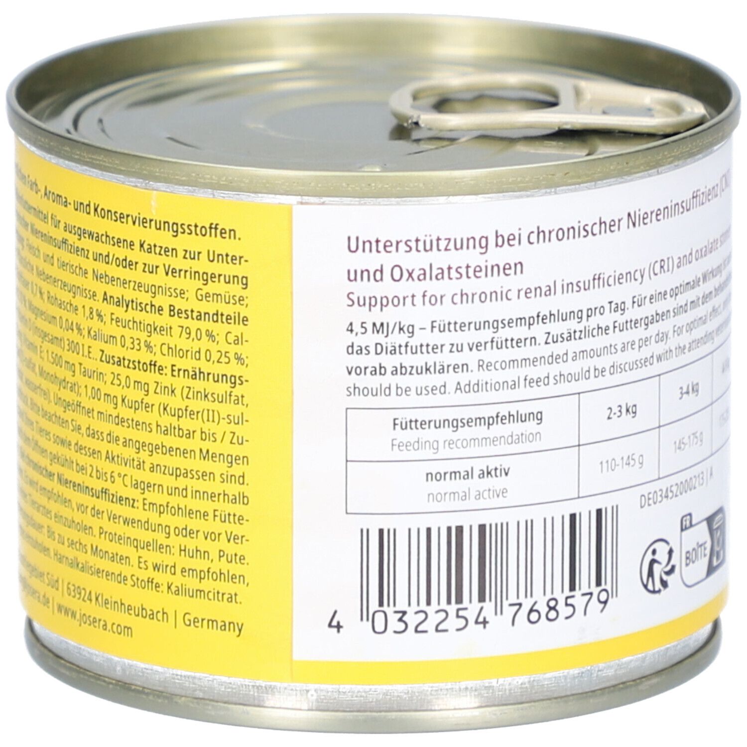 Josera Help Renal Katze Nassfutter, Dose. Aufdruck: Fütterungsempfehlung, Inhaltsstoffe, Hersteller.