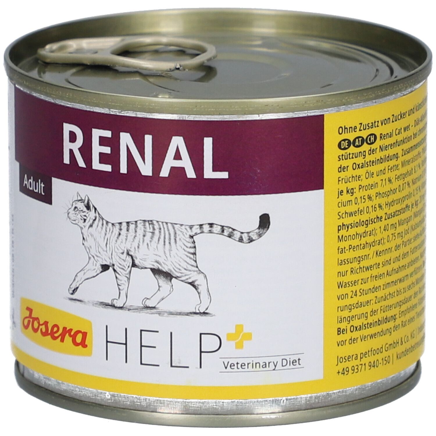 Josera Help Renal Katze Nassfutter, Dose. Aufdruck: Renal, Katze, Inhaltsstoffe, Josera Help, Veterinary Diet.