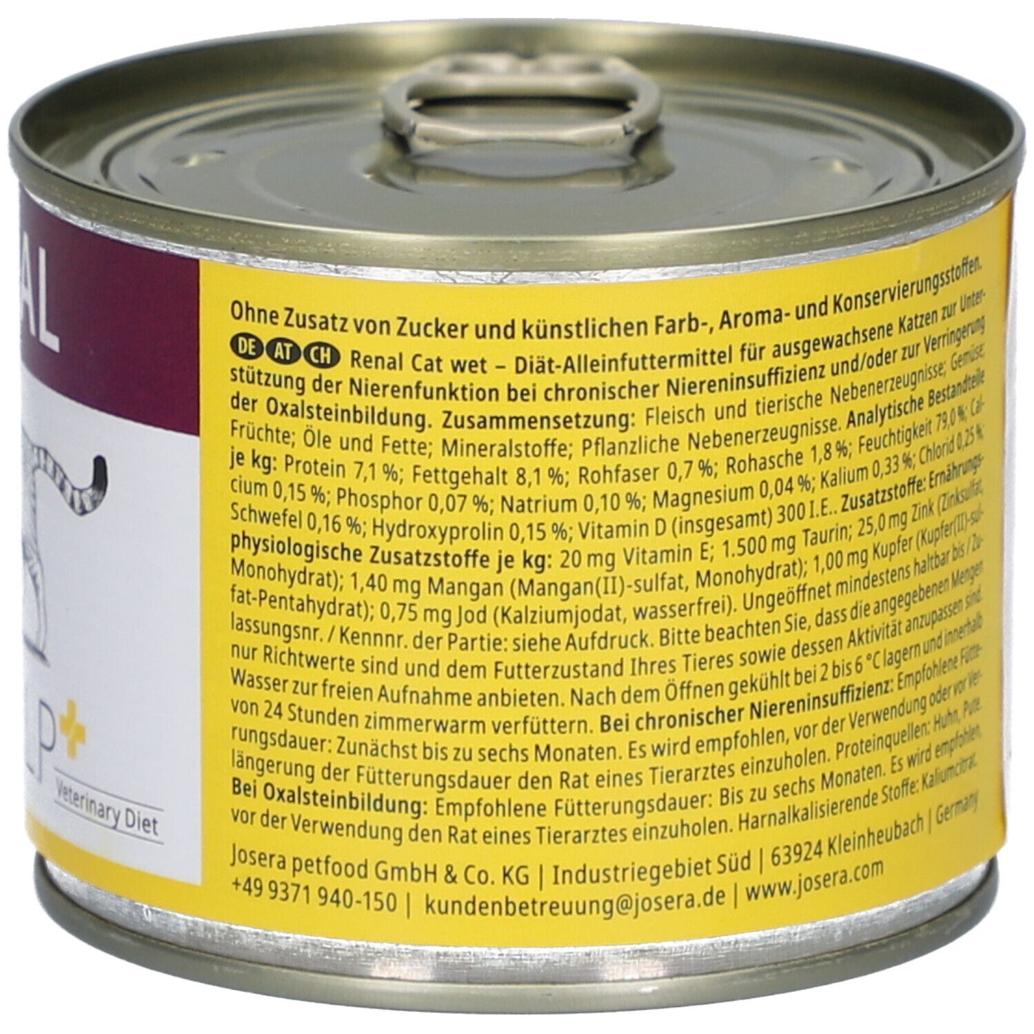 Josera Help Renal Katze Nassfutter, Dose. Aufdruck: Inhaltsstoffe, Hersteller, Josera Help, Veterinary Diet.