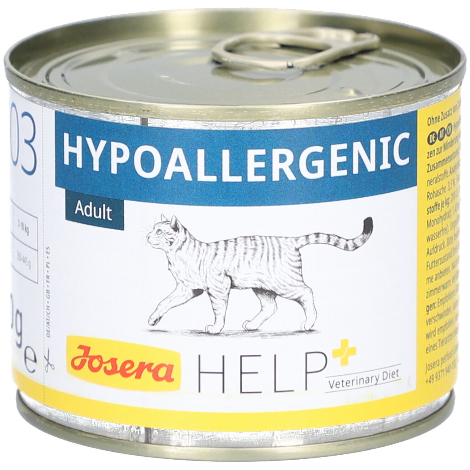 Katzenfutterdose mit Etikett. Aufschrift: HYPOALLERGENIC Adult. Logo: JOSERA HELP Veterinary Diet. Abbildung einer Katze.